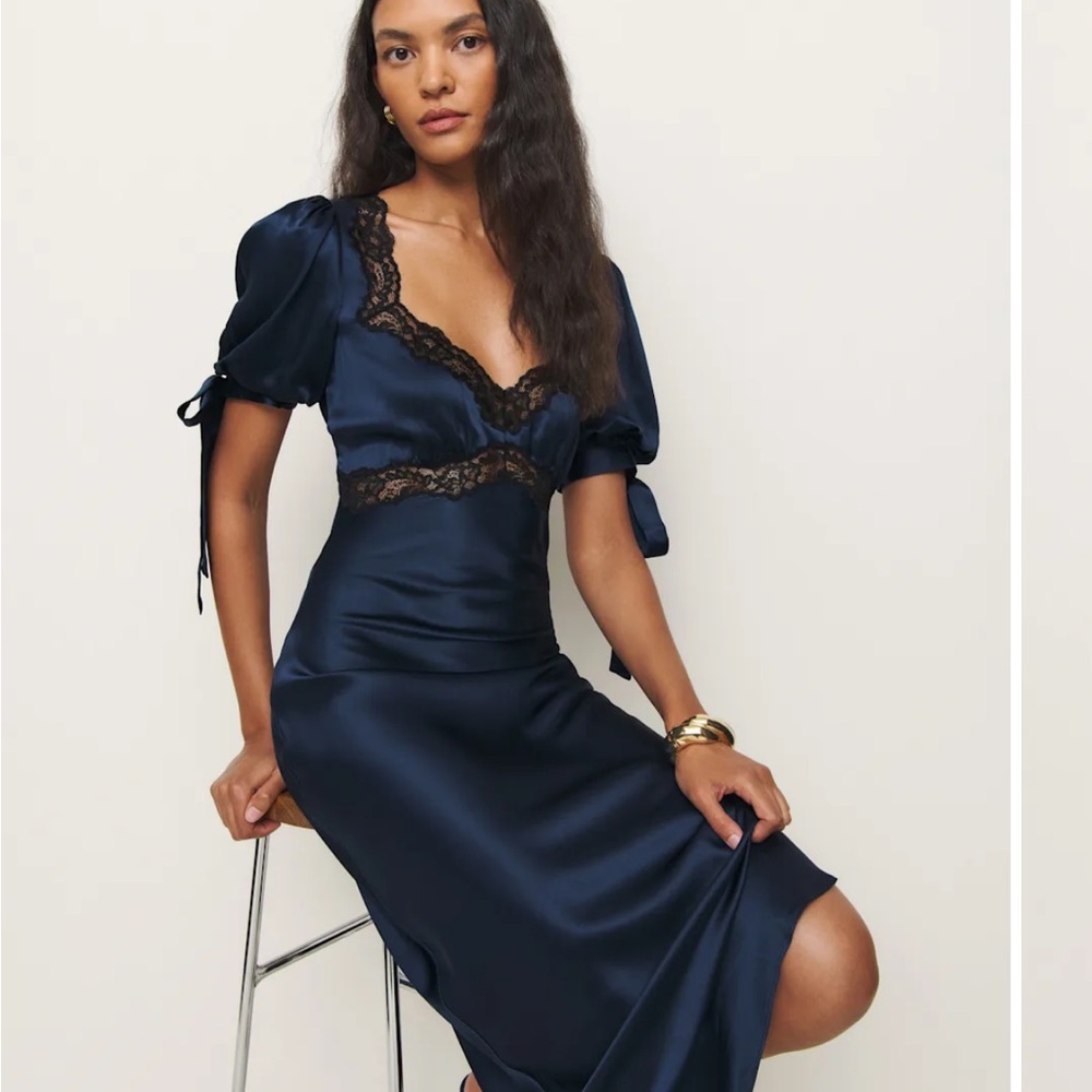 Reformation Navy Blue Satin Dress with Lace Detail
